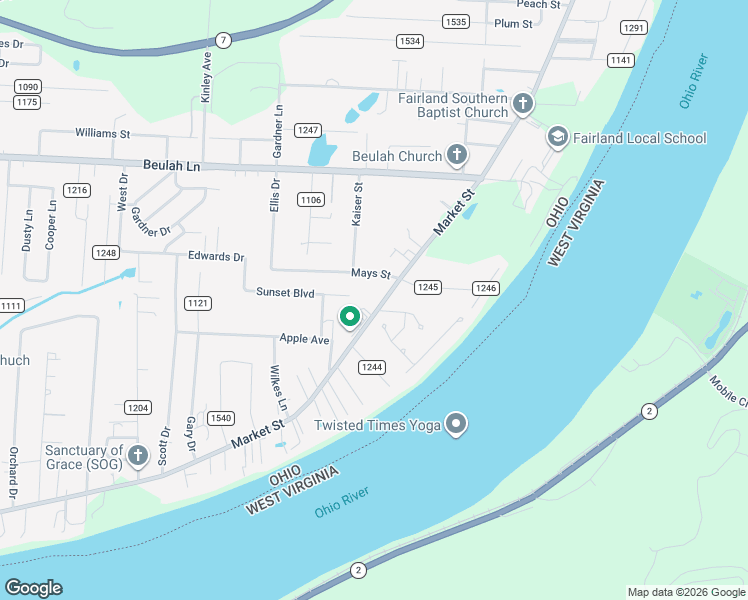 map of restaurants, bars, coffee shops, grocery stores, and more near 9617 County Road 107 in Proctorville