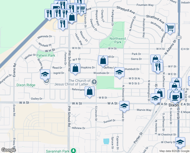 map of restaurants, bars, coffee shops, grocery stores, and more near 405 North Lincoln Street in Dixon