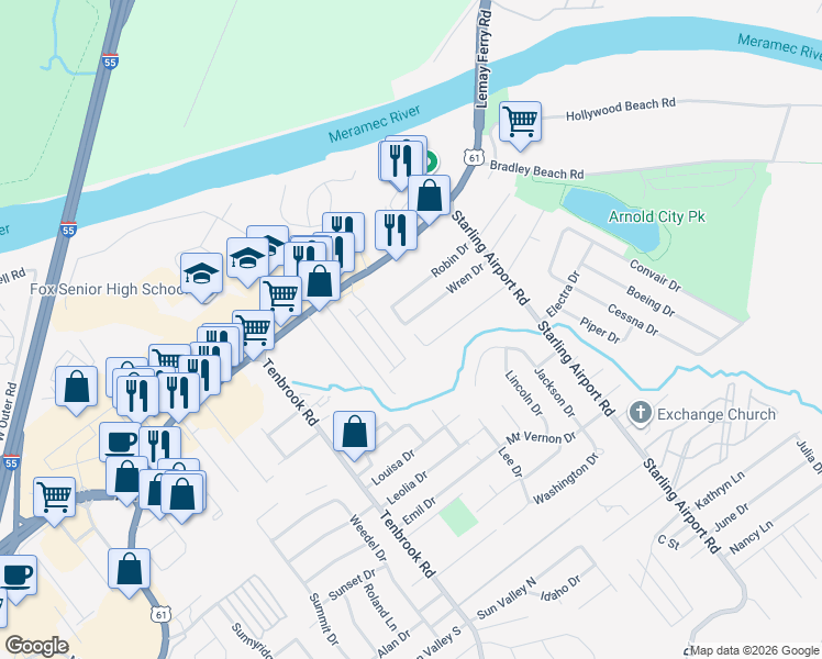 map of restaurants, bars, coffee shops, grocery stores, and more near 616 Wren Drive in Arnold