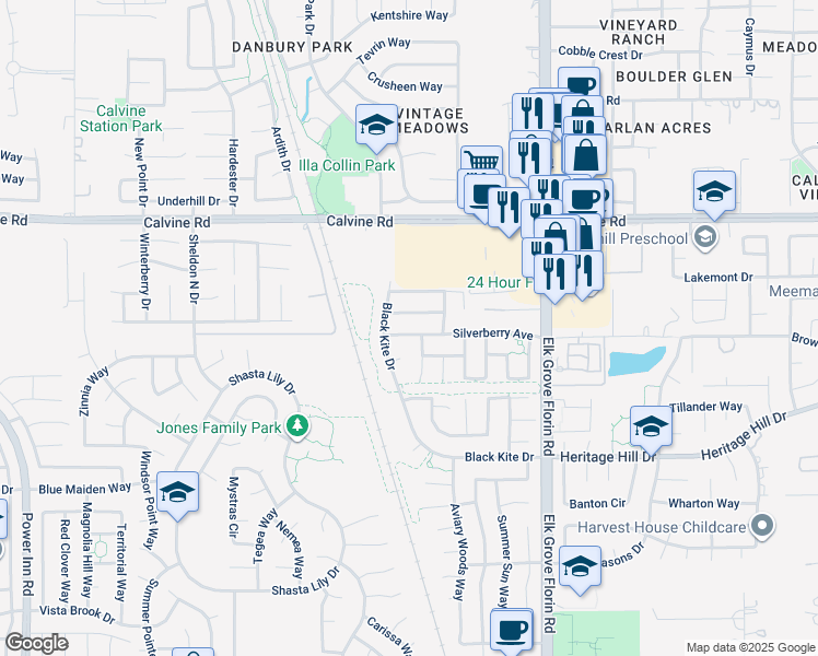 map of restaurants, bars, coffee shops, grocery stores, and more near 8795 Silverberry Avenue in Elk Grove