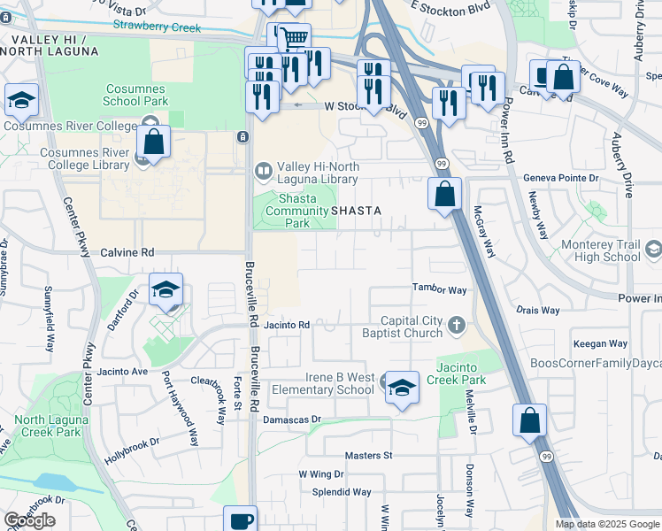 map of restaurants, bars, coffee shops, grocery stores, and more near 5 Feldin Court in Elk Grove