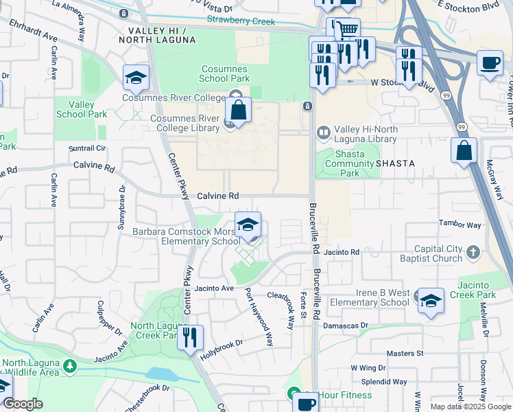 map of restaurants, bars, coffee shops, grocery stores, and more near 6890 Calvine Road in Sacramento