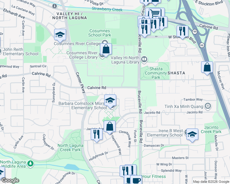 map of restaurants, bars, coffee shops, grocery stores, and more near 6846 Calvine Road in Sacramento