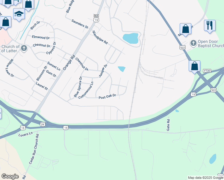 map of restaurants, bars, coffee shops, grocery stores, and more near 2330 Chestnut Drive in Culpeper