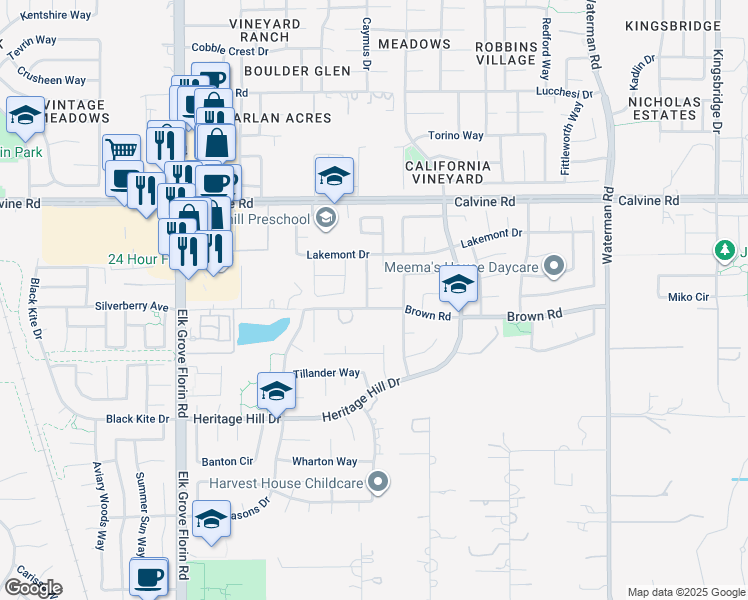 map of restaurants, bars, coffee shops, grocery stores, and more near 8489 Patina Way in Elk Grove