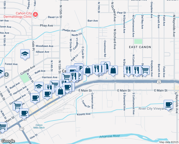 map of restaurants, bars, coffee shops, grocery stores, and more near 1806 Franklin Avenue in Cañon City