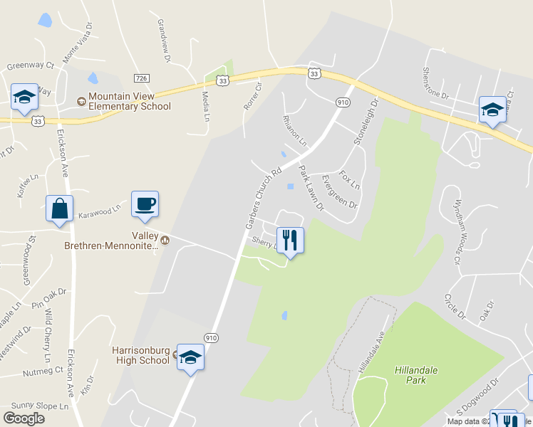 map of restaurants, bars, coffee shops, grocery stores, and more near 1786 Heritage Estates Circle in Harrisonburg