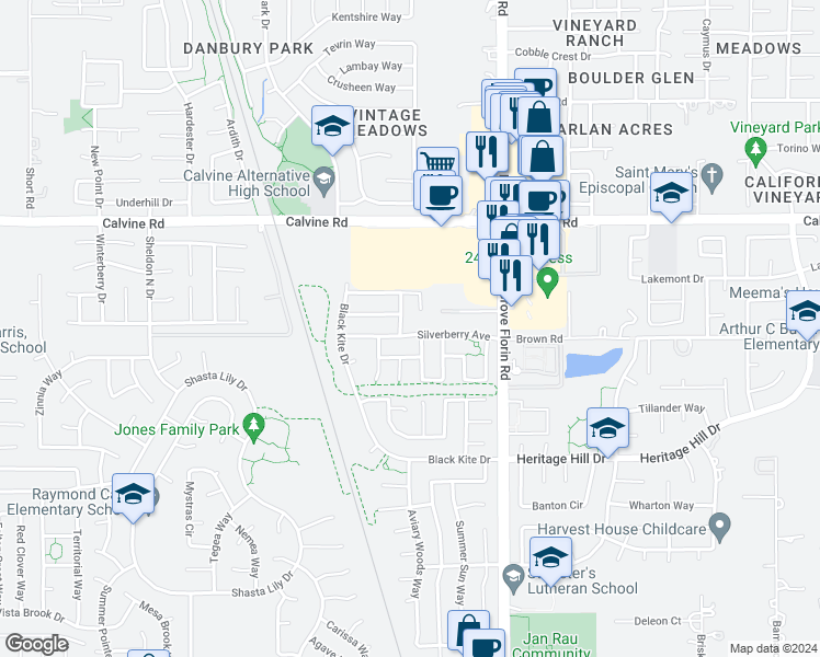 map of restaurants, bars, coffee shops, grocery stores, and more near 8831 Silverberry Avenue in Elk Grove