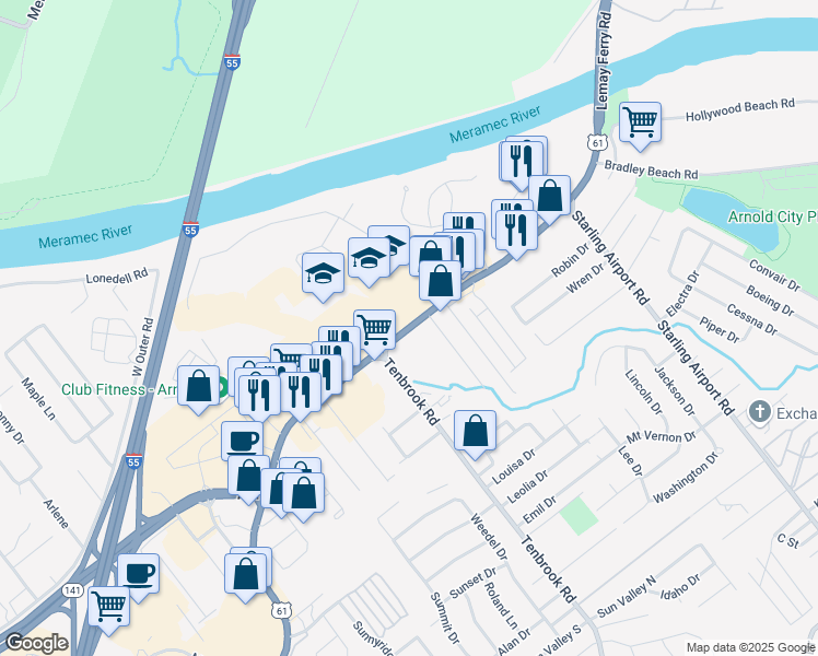 map of restaurants, bars, coffee shops, grocery stores, and more near 739 Jeffco Boulevard in Arnold