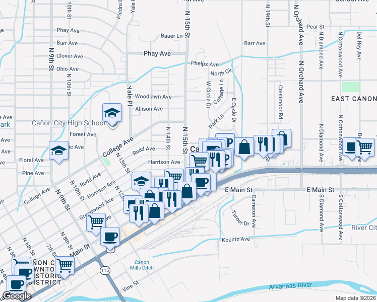 map of restaurants, bars, coffee shops, grocery stores, and more near 1528 Franklin Avenue in Cañon City