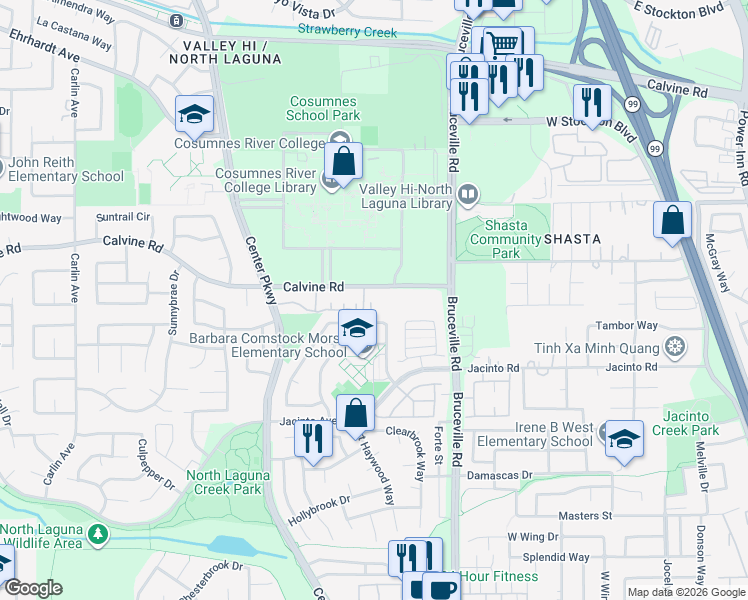 map of restaurants, bars, coffee shops, grocery stores, and more near 6846 Calvine Road in Sacramento