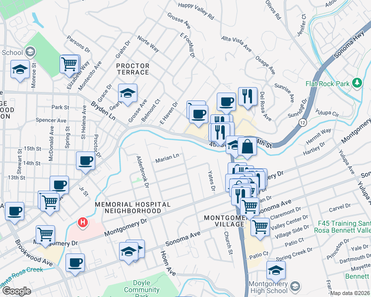 map of restaurants, bars, coffee shops, grocery stores, and more near 142 Shortt Road in Santa Rosa