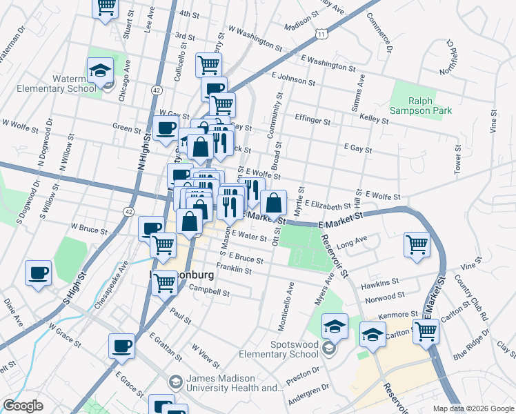 map of restaurants, bars, coffee shops, grocery stores, and more near 250 East Market Street in Harrisonburg