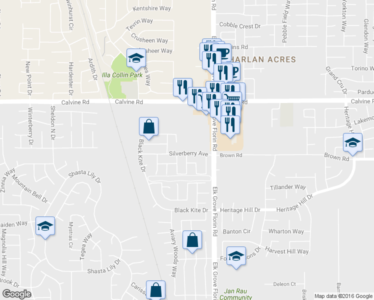 map of restaurants, bars, coffee shops, grocery stores, and more near 8859 Silverberry Avenue in Elk Grove