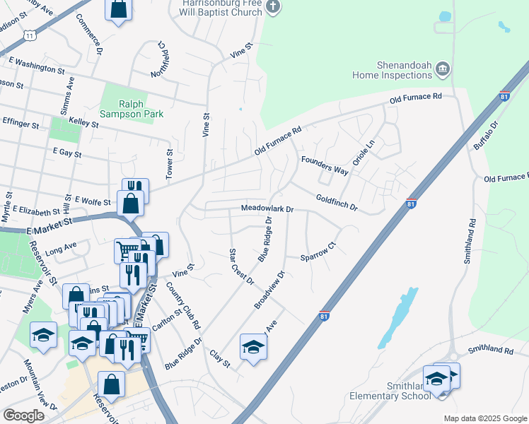 map of restaurants, bars, coffee shops, grocery stores, and more near 1087 Meadowlark Drive in Harrisonburg