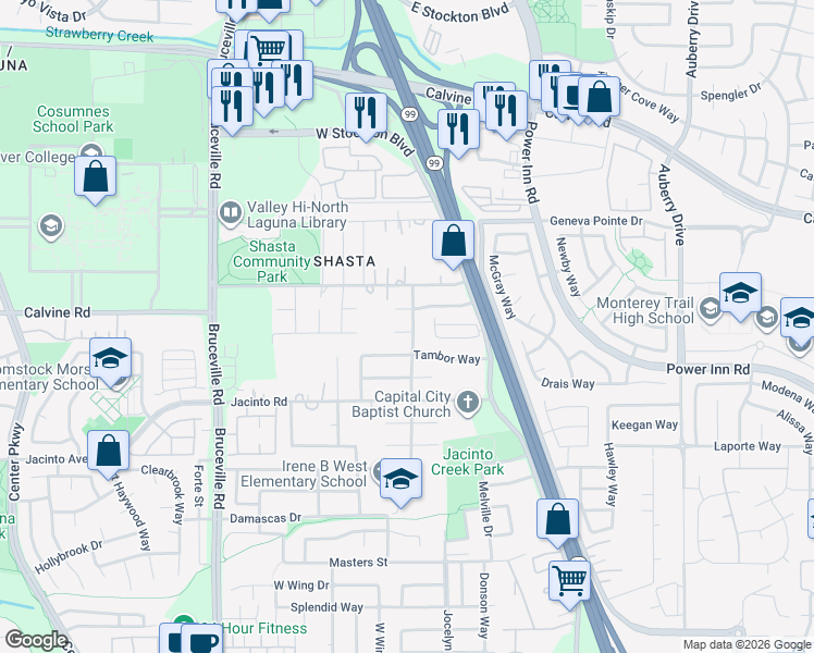 map of restaurants, bars, coffee shops, grocery stores, and more near 8401 Serio Way in Elk Grove