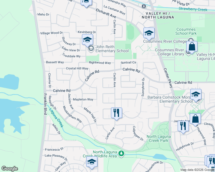 map of restaurants, bars, coffee shops, grocery stores, and more near 5954 Laguna Ranch Circle in Sacramento