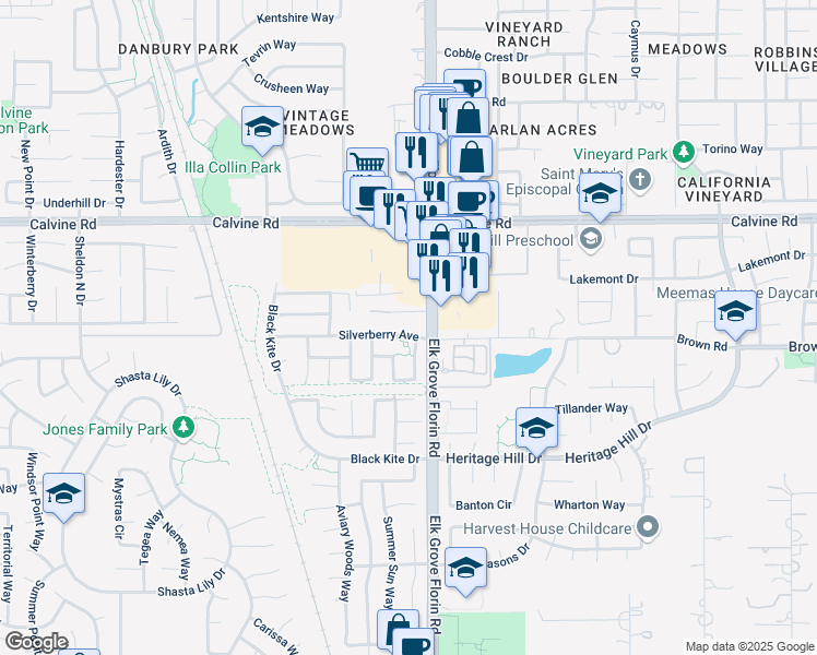 map of restaurants, bars, coffee shops, grocery stores, and more near 8887 Silverberry Avenue in Elk Grove