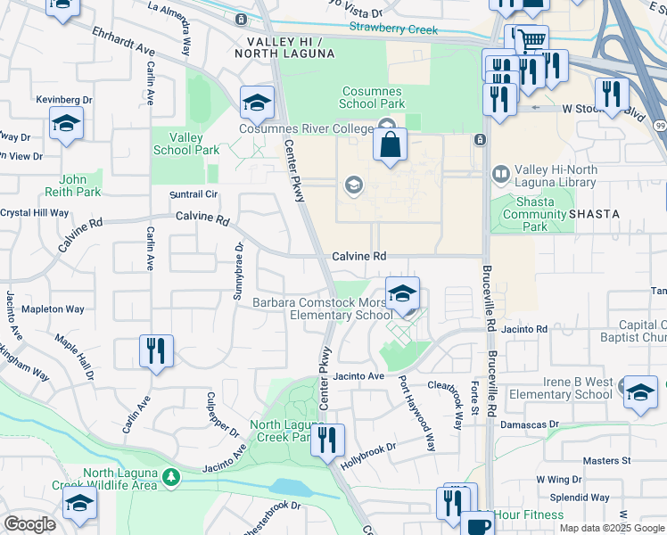 map of restaurants, bars, coffee shops, grocery stores, and more near 8501 Center Parkway in Sacramento