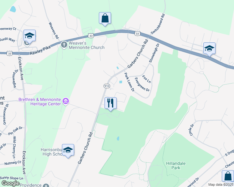 map of restaurants, bars, coffee shops, grocery stores, and more near 1630 Bald Eagle Circle in Harrisonburg