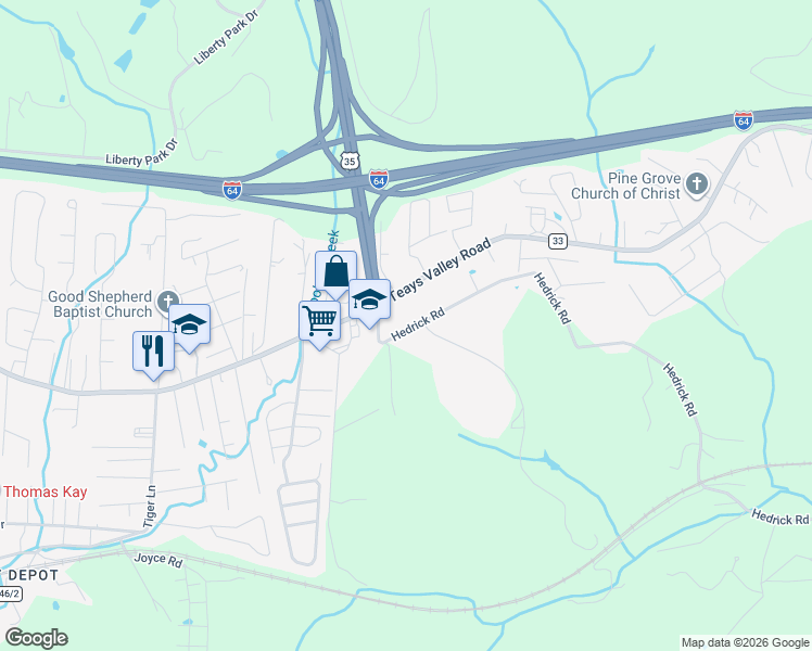 map of restaurants, bars, coffee shops, grocery stores, and more near 147 Hedrick Road in Teays Valley