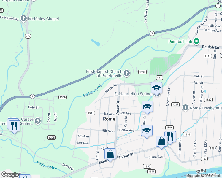 map of restaurants, bars, coffee shops, grocery stores, and more near 110 Township Road 1206 in Proctorville