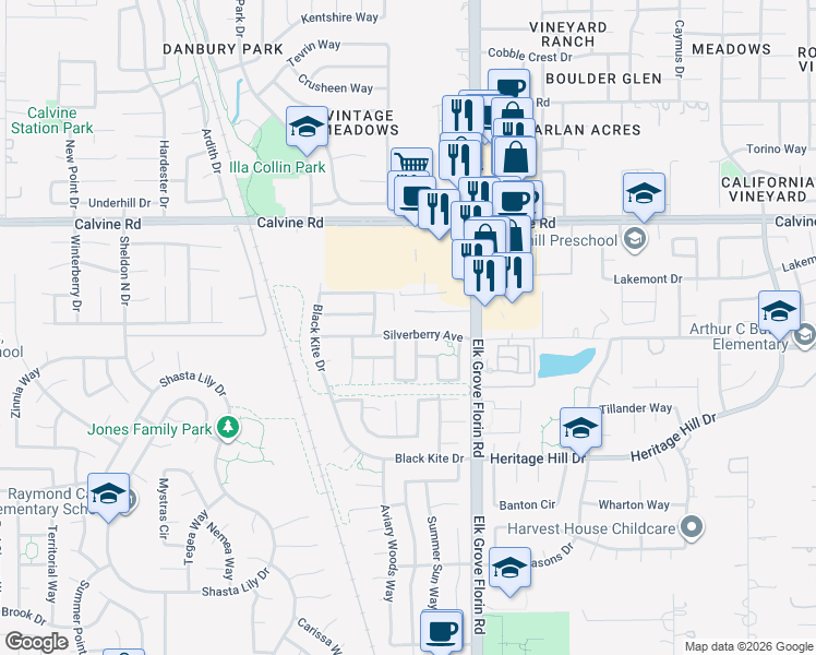 map of restaurants, bars, coffee shops, grocery stores, and more near 8859 Silverberry Avenue in Elk Grove