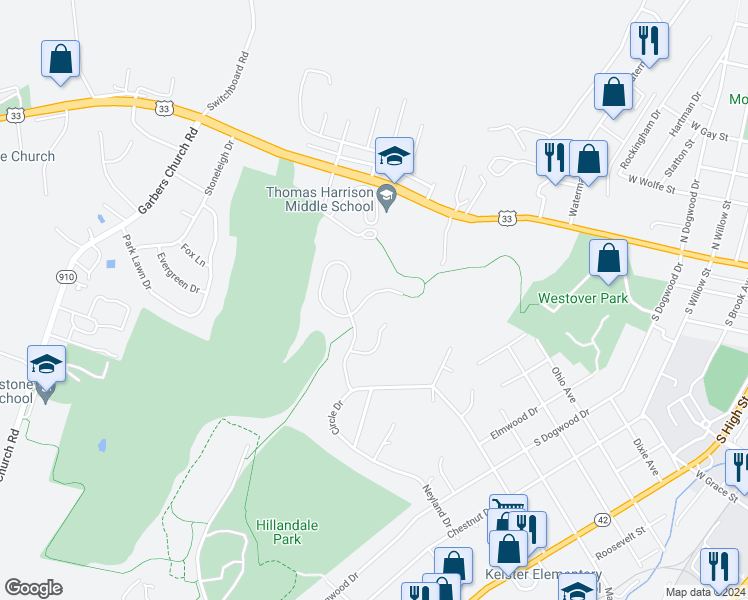 map of restaurants, bars, coffee shops, grocery stores, and more near 1041 Wyndham Drive in Harrisonburg