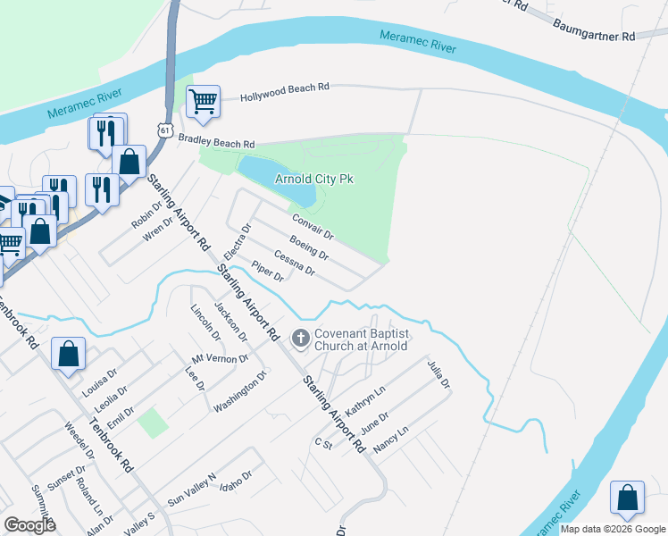 map of restaurants, bars, coffee shops, grocery stores, and more near 2334 Boeing Drive in Arnold