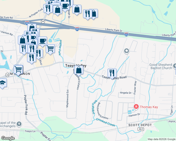 map of restaurants, bars, coffee shops, grocery stores, and more near 5149 Teays Valley Rd in Scott Depot