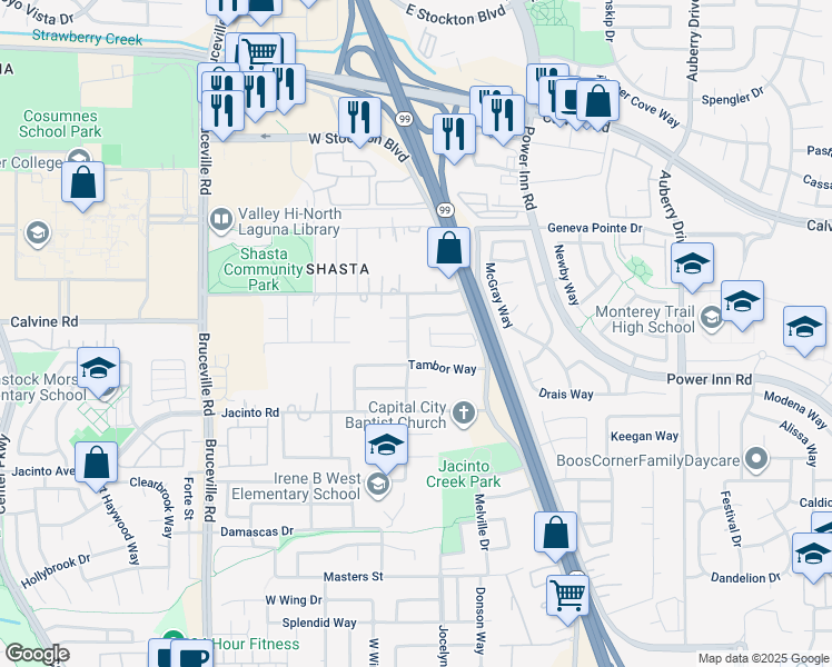 map of restaurants, bars, coffee shops, grocery stores, and more near 8401 Serio Way in Elk Grove