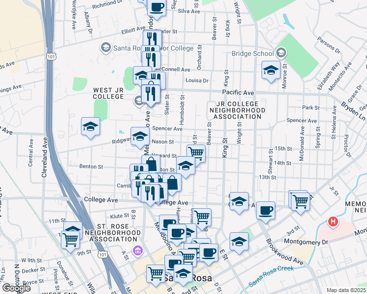 map of restaurants, bars, coffee shops, grocery stores, and more near 920 Humboldt Street in Santa Rosa