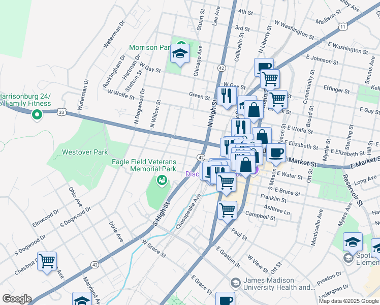 map of restaurants, bars, coffee shops, grocery stores, and more near 290 West Water Street in Harrisonburg