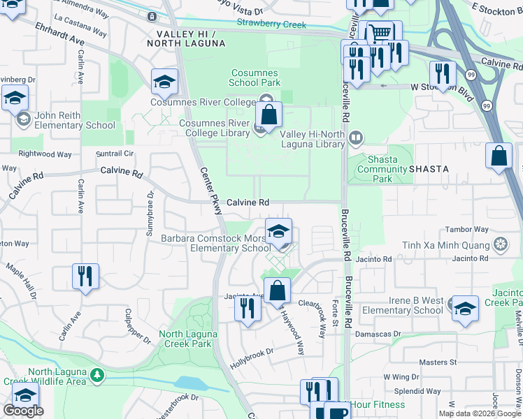 map of restaurants, bars, coffee shops, grocery stores, and more near 6730 Calvine Road in Sacramento