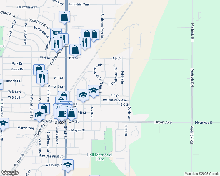 map of restaurants, bars, coffee shops, grocery stores, and more near 475 Miller Court in Dixon