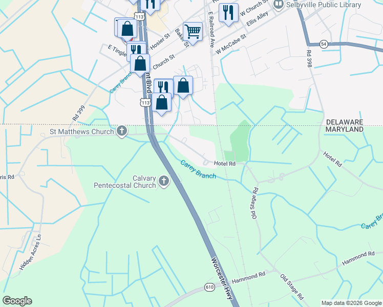map of restaurants, bars, coffee shops, grocery stores, and more near 9732 Hotel Road in Bishopville