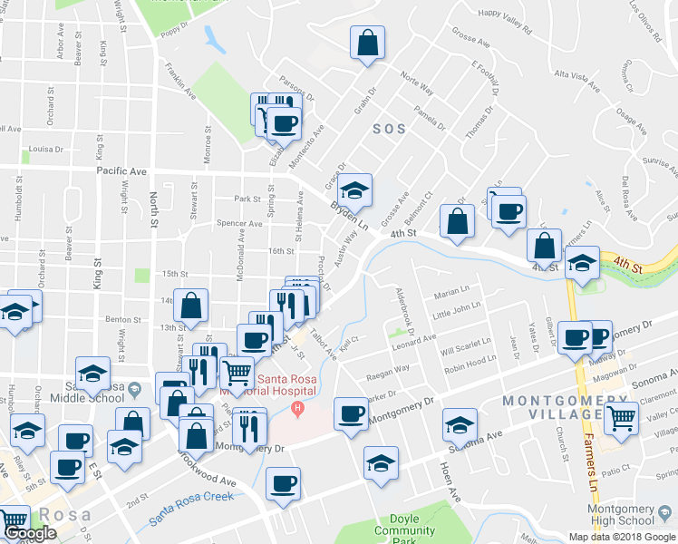 map of restaurants, bars, coffee shops, grocery stores, and more near 1718 Austin Way in Santa Rosa