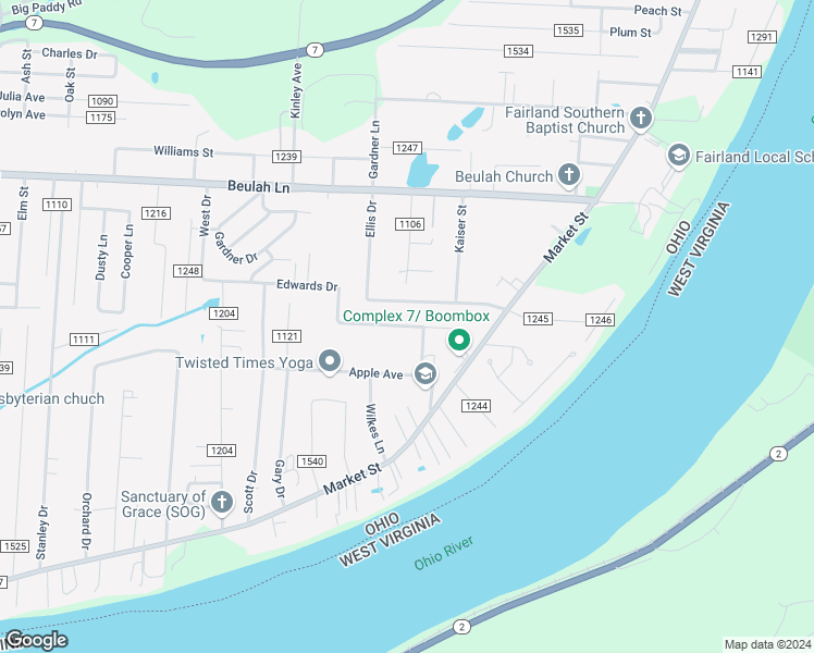 map of restaurants, bars, coffee shops, grocery stores, and more near 113 Sunset Boulevard in Proctorville