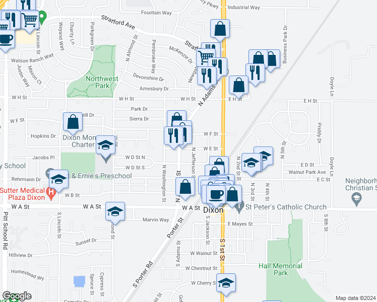 map of restaurants, bars, coffee shops, grocery stores, and more near 335 West E Street in Dixon
