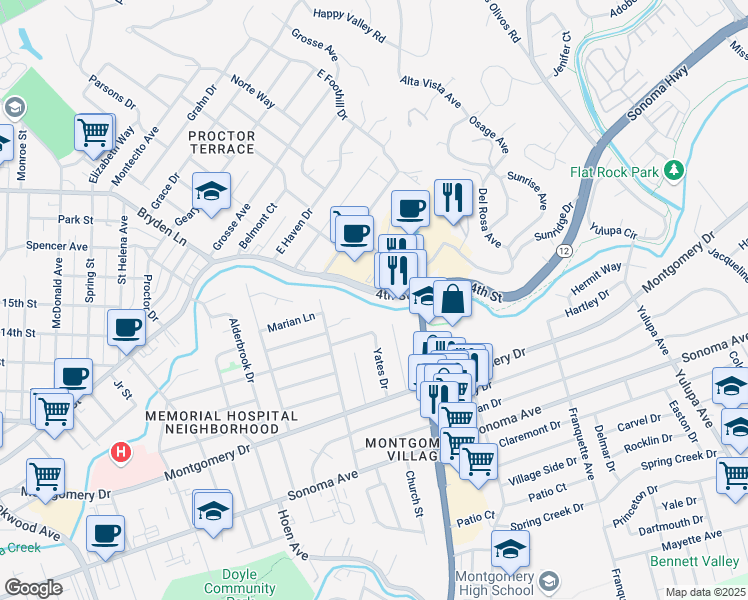 map of restaurants, bars, coffee shops, grocery stores, and more near 2548 4th Street in Santa Rosa