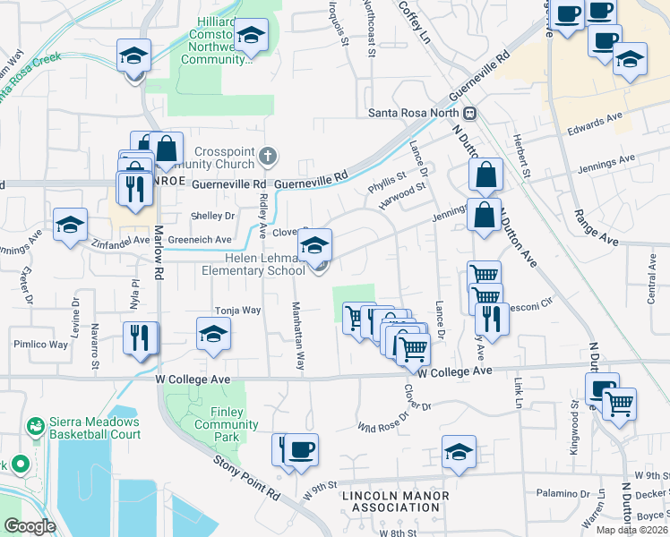 map of restaurants, bars, coffee shops, grocery stores, and more near 1661 Jennings Avenue in Santa Rosa