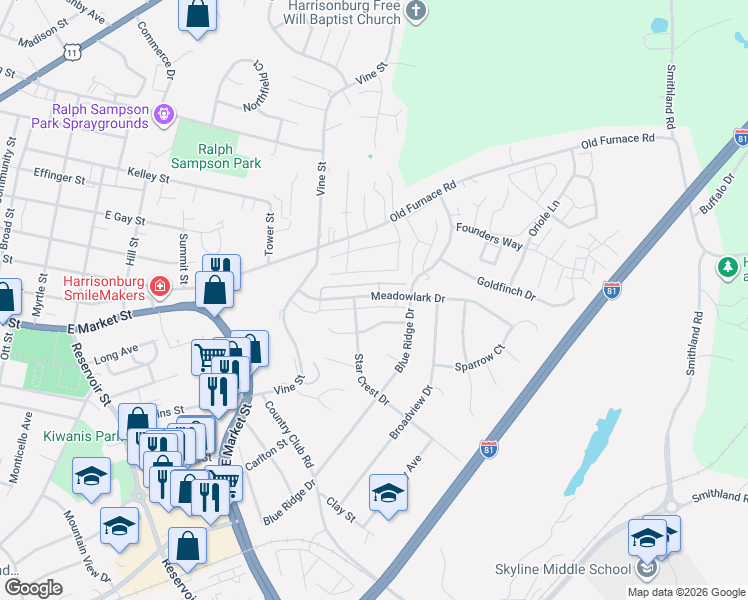 map of restaurants, bars, coffee shops, grocery stores, and more near 1057 Wellington Drive in Harrisonburg