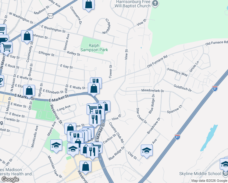 map of restaurants, bars, coffee shops, grocery stores, and more near in Harrisonburg