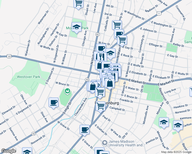 map of restaurants, bars, coffee shops, grocery stores, and more near in Harrisonburg