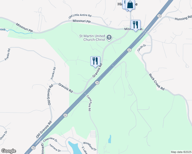 map of restaurants, bars, coffee shops, grocery stores, and more near 3392 Gravois Road in High Ridge