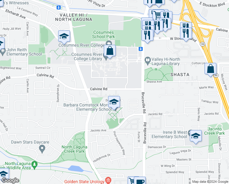 map of restaurants, bars, coffee shops, grocery stores, and more near 6842 Calvine Road in Sacramento