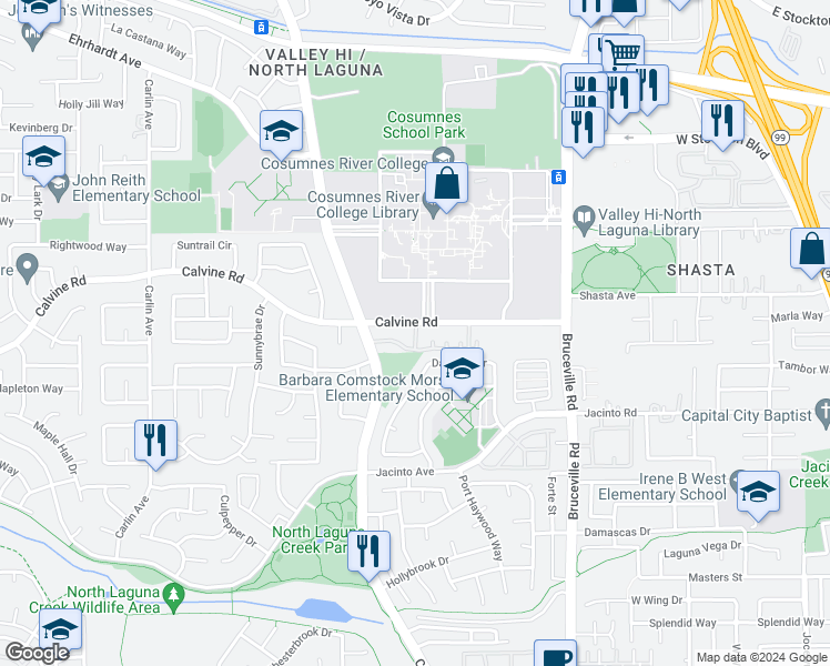 map of restaurants, bars, coffee shops, grocery stores, and more near 6708 Calvine Road in Sacramento
