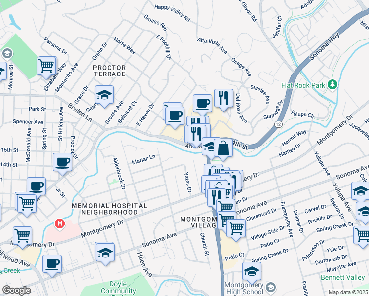 map of restaurants, bars, coffee shops, grocery stores, and more near 2548 4th Street in Santa Rosa