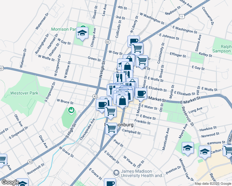 map of restaurants, bars, coffee shops, grocery stores, and more near 53 Court Square in Harrisonburg