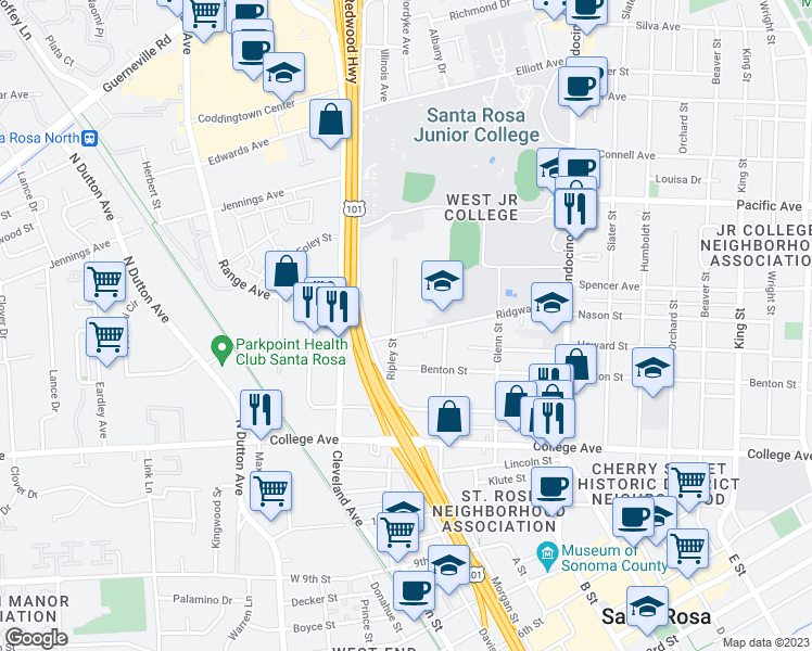map of restaurants, bars, coffee shops, grocery stores, and more near 211 Ridgway Avenue in Santa Rosa